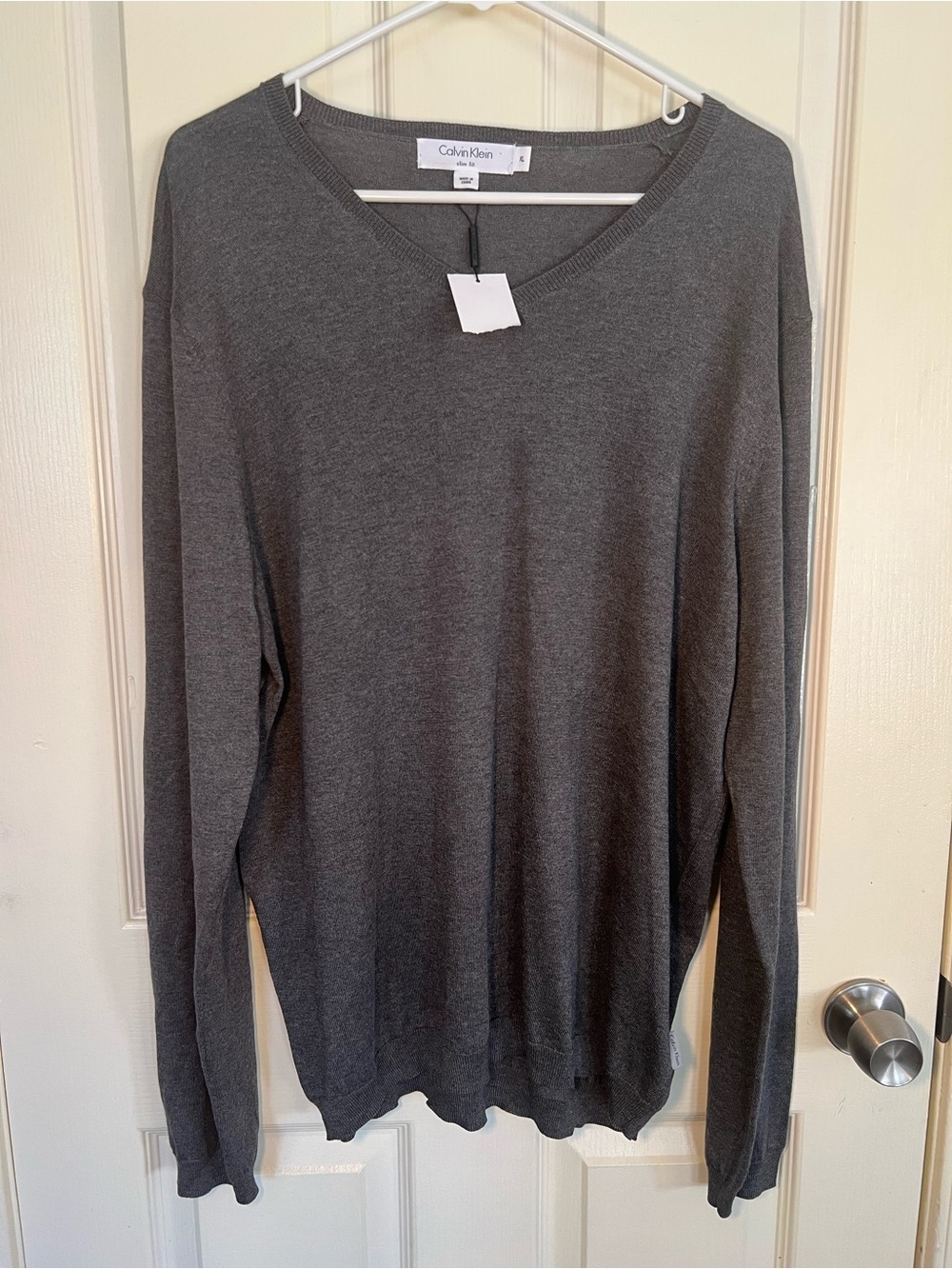Calvin Klein XL Gray Silk Cotton V Neck Sweater NWT